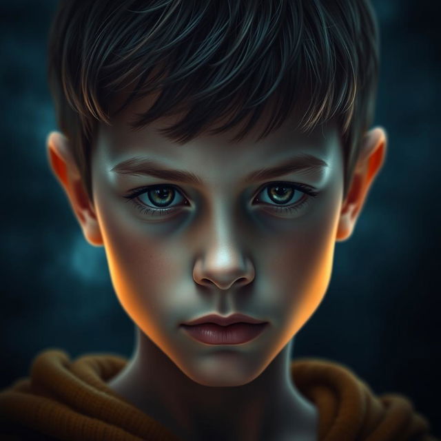 A close-up of a boy's face with a subtle, glowing aura surrounding him, conveying a sense of luck and positivity, set against a dark blue and grey background to enhance the mysterious ambiance