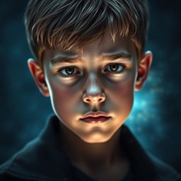 A close-up of a boy's face with a subtle, glowing aura surrounding him, conveying a sense of luck and positivity, set against a dark blue and grey background to enhance the mysterious ambiance