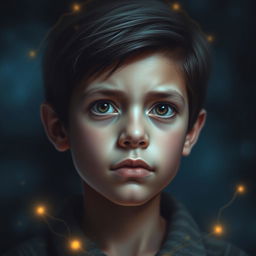 A close-up of a boy's face with a subtle, glowing aura surrounding him, conveying a sense of luck and positivity, set against a dark blue and grey background to enhance the mysterious ambiance