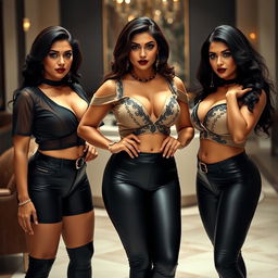 Three striking desi women, each showcasing their dominant presence and voluptuous figures in sexy aunty blouses paired with stylish leggings