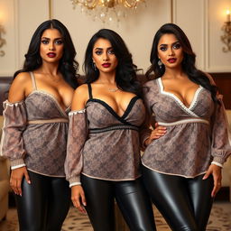 Three striking desi women, each showcasing their dominant presence and voluptuous figures in sexy aunty blouses paired with stylish leggings