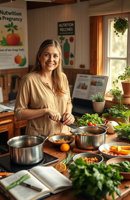 A friendly and nurturing midwife in a cozy kitchen, preparing healthy meals for young women and pregnant women