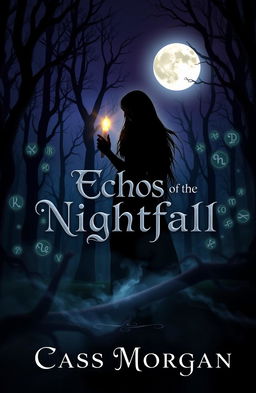 A dark themed book cover design for 'Echos of the Nightfall' by Cass Morgan
