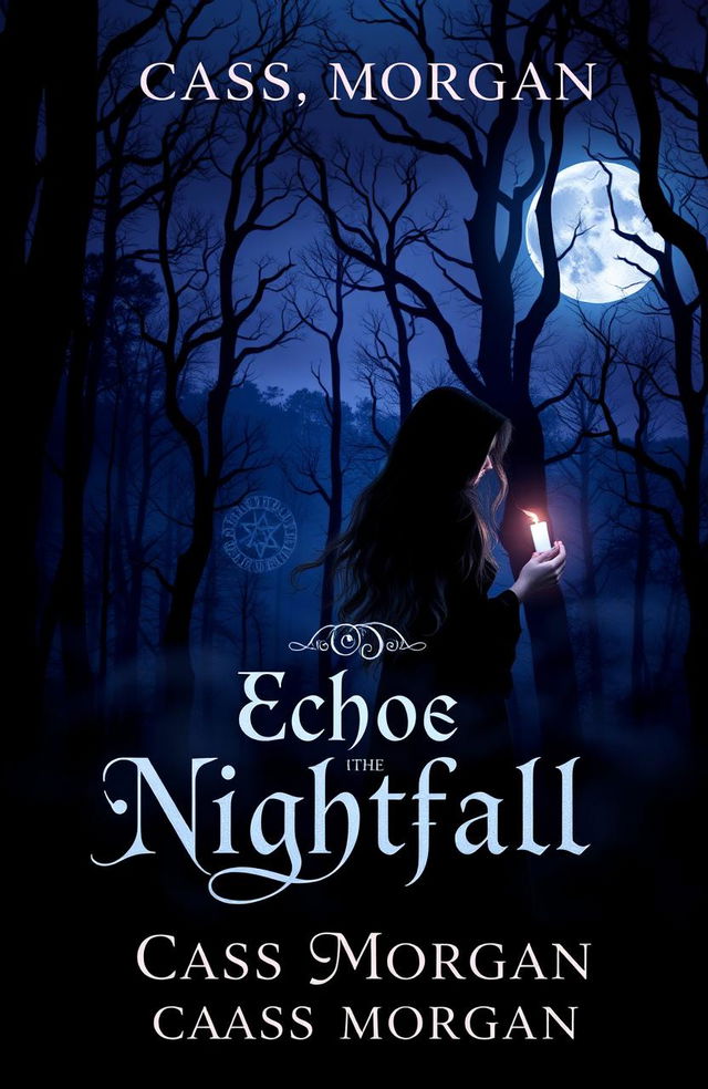 A dark themed book cover design for 'Echos of the Nightfall' by Cass Morgan