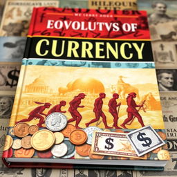 A book cover depicting the evolution of currency through the ages, featuring various forms of money including ancient coins, paper notes from different historical periods, and digital currency symbols