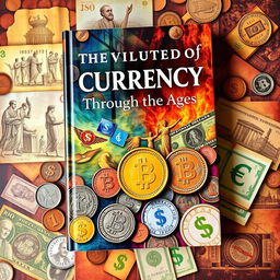 A book cover depicting the evolution of currency through the ages, featuring various forms of money including ancient coins, paper notes from different historical periods, and digital currency symbols