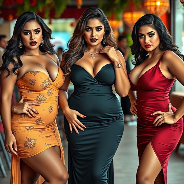 Three striking desi women, each showcasing their unique styles in different sexy dresses, all designed to highlight their voluptuous figures