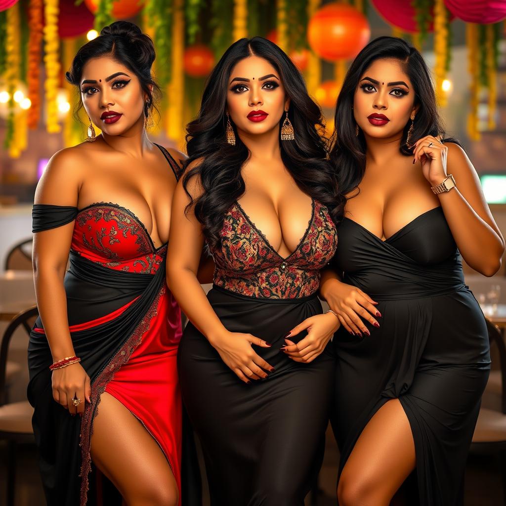 Three striking desi women, each showcasing their unique styles in different sexy dresses, all designed to highlight their voluptuous figures