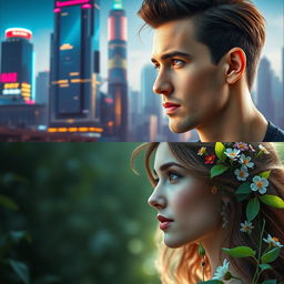A split image showcasing a male and female face looking at each other