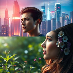 A split image showcasing a male and female face looking at each other