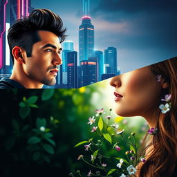 A split image showcasing a male and female face looking at each other