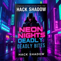 A captivating book cover design for 'Neon Nights, Deadly Bytes' by Hack Shadow