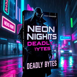 A captivating book cover design for 'Neon Nights, Deadly Bytes' by Hack Shadow