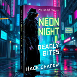 A captivating book cover design for 'Neon Nights, Deadly Bytes' by Hack Shadow