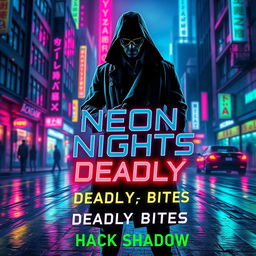 A captivating book cover design for 'Neon Nights, Deadly Bytes' by Hack Shadow