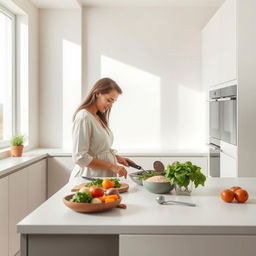 A minimalistic scene of a serene midwife in a sleek, modern kitchen, focused on cooking healthy meals for young women and pregnant individuals