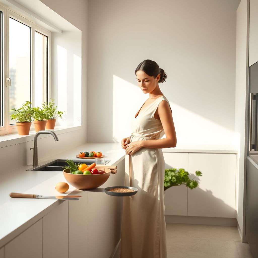 A minimalistic scene of a serene midwife in a sleek, modern kitchen, focused on cooking healthy meals for young women and pregnant individuals