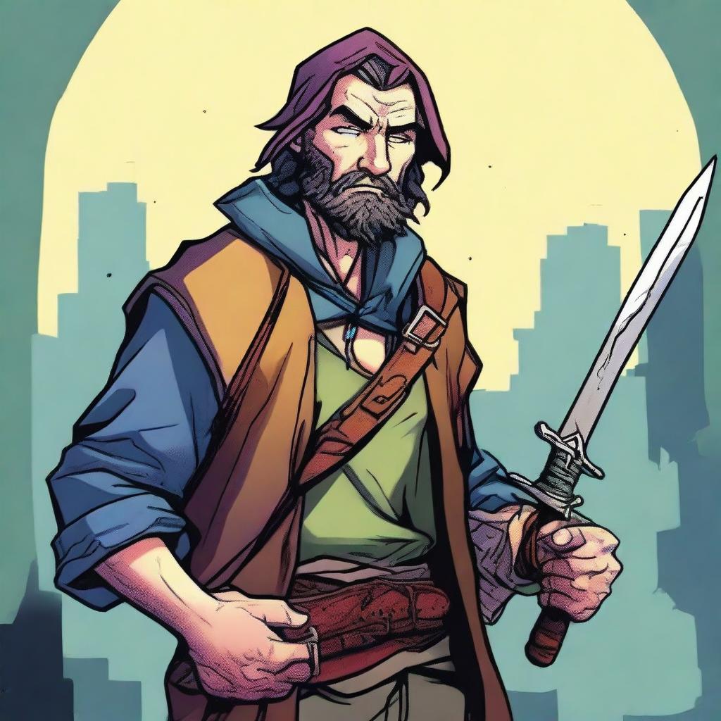 A comic-style illustration of a rugged, homeless vagrant who is also a fantasy DnD fighter