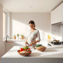 A minimalistic scene of a serene midwife in a sleek, modern kitchen, focused on cooking healthy meals for young women and pregnant individuals