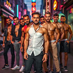 A visually striking image of a group of sexy men in a stylish urban setting