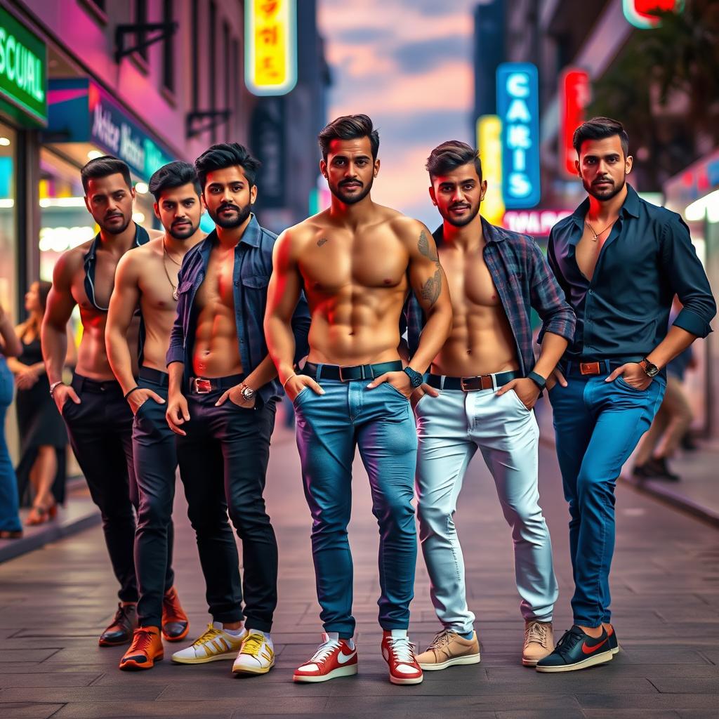 A visually striking image of a group of sexy men in a stylish urban setting