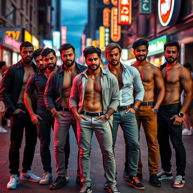 A visually striking image of a group of sexy men in a stylish urban setting