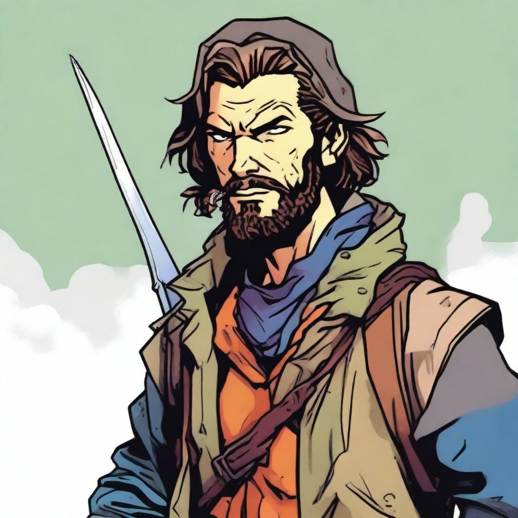 A comic-style illustration of a rugged, homeless vagrant who is also a fantasy DnD fighter