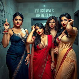 Three alluring desi women, each clad in different sexy traditional desi dresses that emphasize their curvy figures and big breasts