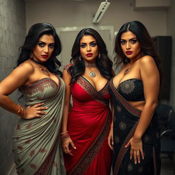 Three alluring desi women, each clad in different sexy traditional desi dresses that emphasize their curvy figures and big breasts