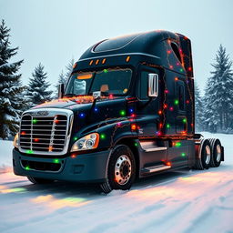A Cascadia Freightliner truck adorned with colorful Christmas-themed fairy lights, parked in a snowy landscape