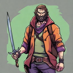 A comic-style illustration of a rugged, homeless vagrant who is also a fantasy DnD fighter