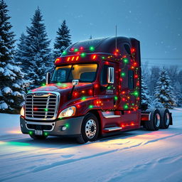 A Cascadia Freightliner truck adorned with colorful Christmas-themed fairy lights, parked in a snowy landscape