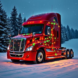 A Cascadia Freightliner truck adorned with colorful Christmas-themed fairy lights, parked in a snowy landscape