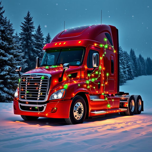 A Cascadia Freightliner truck adorned with colorful Christmas-themed fairy lights, parked in a snowy landscape