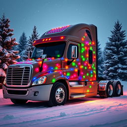 A Cascadia Freightliner truck adorned with colorful Christmas-themed fairy lights, parked in a snowy landscape