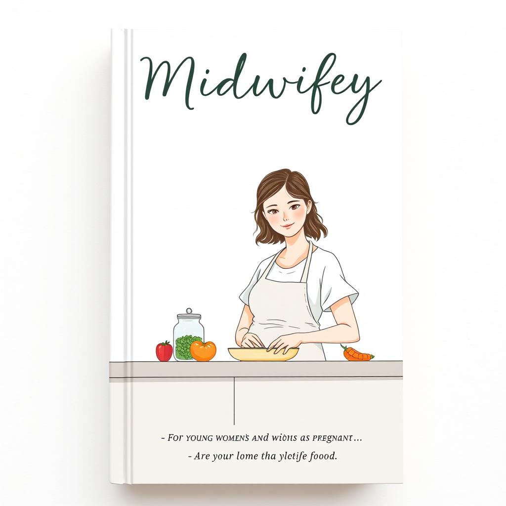 A minimalistic book cover design for a midwifery story, featuring an artistic illustration of a calm midwife in a modern kitchen