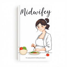 A minimalistic book cover design for a midwifery story, featuring an artistic illustration of a calm midwife in a modern kitchen