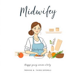 A minimalistic book cover design for a midwifery story, featuring an artistic illustration of a calm midwife in a modern kitchen