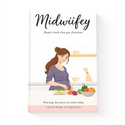 A minimalistic book cover design for a midwifery story, featuring an artistic illustration of a calm midwife in a modern kitchen