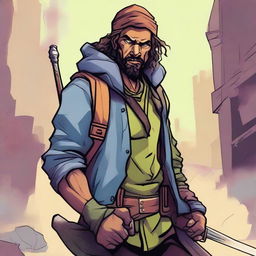 A comic-style illustration of a rugged, homeless vagrant who is also a fantasy DnD fighter