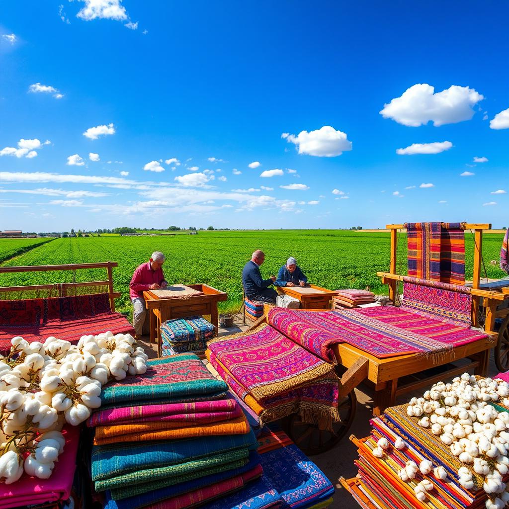 A beautiful scene showcasing traditional Uzbek cotton work, featuring skilled artisans weaving intricate tapestries with vibrant colors and patterns