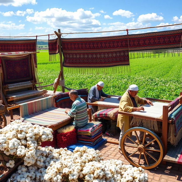 A beautiful scene showcasing traditional Uzbek cotton work, featuring skilled artisans weaving intricate tapestries with vibrant colors and patterns