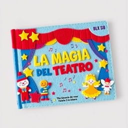 A handmade felt book cover designed for a children's theater project, titled 'LA MAGIA DEL TEATRO'