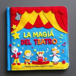 A handmade felt book cover designed for a children's theater project, titled 'LA MAGIA DEL TEATRO'
