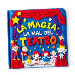 A handmade felt book cover designed for a children's theater project, titled 'LA MAGIA DEL TEATRO'