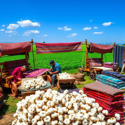 A beautiful scene showcasing traditional Uzbek cotton work, featuring skilled artisans weaving intricate tapestries with vibrant colors and patterns