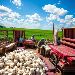 A beautiful scene showcasing traditional Uzbek cotton work, featuring skilled artisans weaving intricate tapestries with vibrant colors and patterns