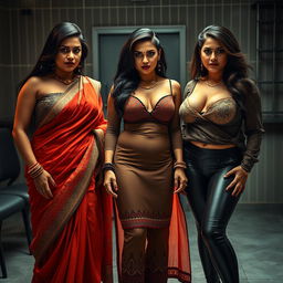 Three glamorous desi women, each adorned in distinct and sexy traditional outfits including a saree, a kurta, and stylish leggings, accentuating their voluptuous figures