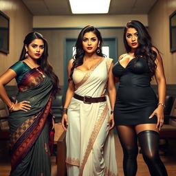 Three enticing desi women dressed in various sexy traditional outfits including a saree, kurta, and leggings, each accentuating their curvy figures and voluptuous bosoms