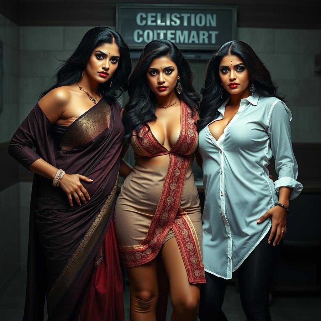 Three enticing desi women dressed in various sexy traditional outfits including a saree, kurta, and leggings, each accentuating their curvy figures and voluptuous bosoms